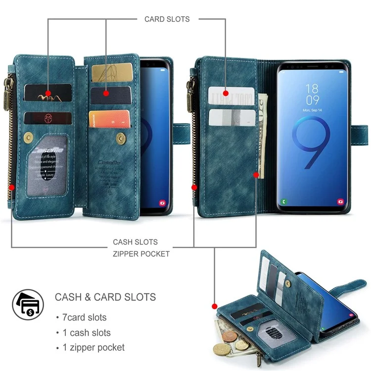 For Samsung Galaxy S9 Phone Cases with Strap CASEME C30 Zipper Multiple Card Holder PU Leather Cover - Blue