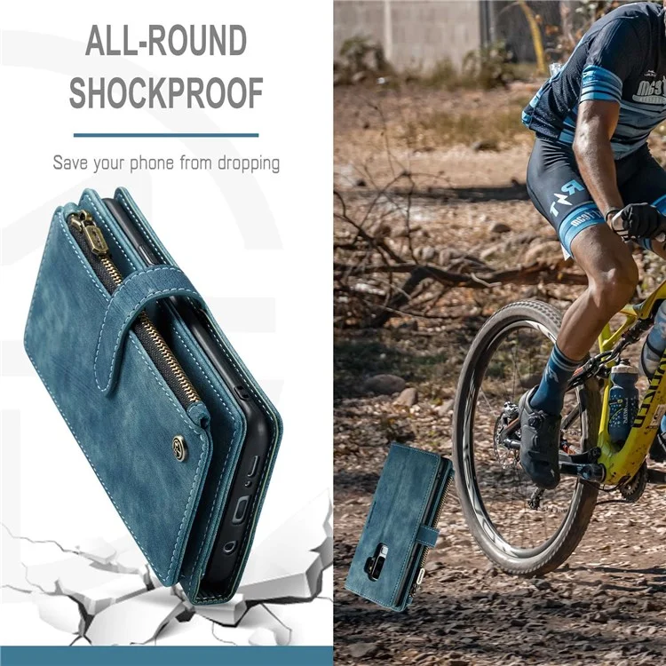 For Samsung Galaxy S9 Phone Cases with Strap CASEME C30 Zipper Multiple Card Holder PU Leather Cover - Blue
