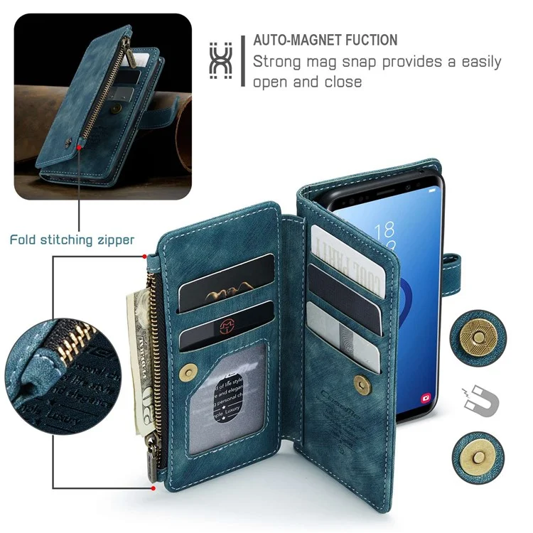 For Samsung Galaxy S9 Phone Cases with Strap CASEME C30 Zipper Multiple Card Holder PU Leather Cover - Blue