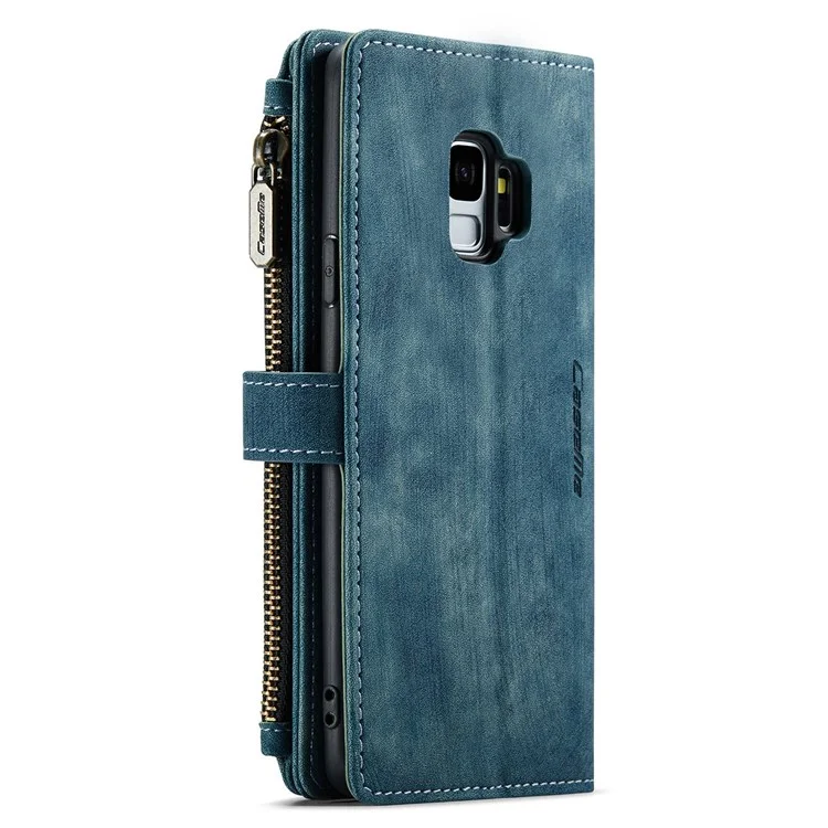 For Samsung Galaxy S9 Phone Cases with Strap CASEME C30 Zipper Multiple Card Holder PU Leather Cover - Blue