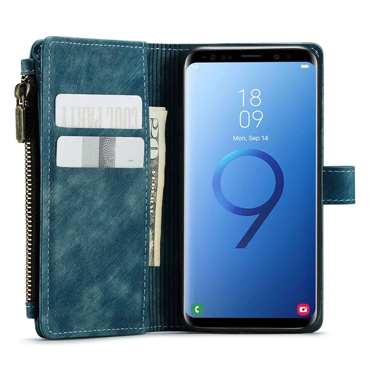 For Samsung Galaxy S9 Phone Cases with Strap CASEME C30 Zipper Multiple Card Holder PU Leather Cover - Blue