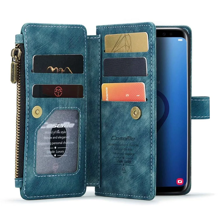For Samsung Galaxy S9 Phone Cases with Strap CASEME C30 Zipper Multiple Card Holder PU Leather Cover - Blue