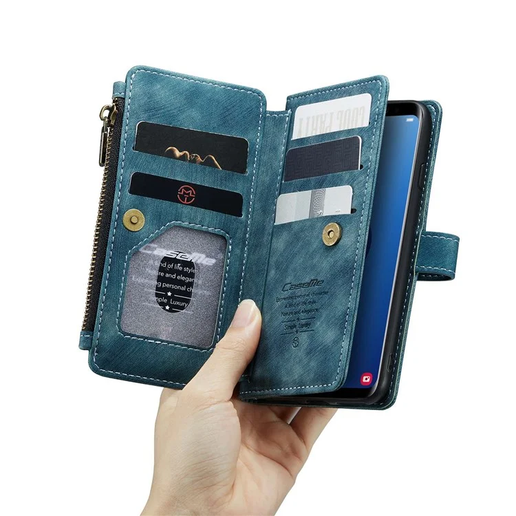 For Samsung Galaxy S9 Phone Cases with Strap CASEME C30 Zipper Multiple Card Holder PU Leather Cover - Blue