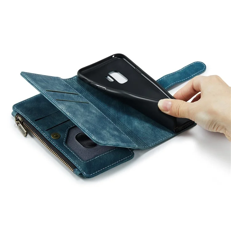 For Samsung Galaxy S9 Phone Cases with Strap CASEME C30 Zipper Multiple Card Holder PU Leather Cover - Blue