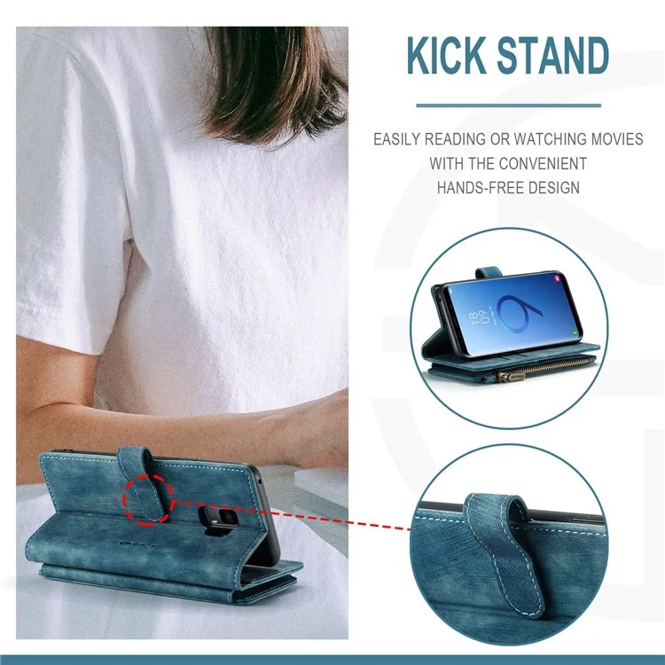 For Samsung Galaxy S9 Phone Cases with Strap CASEME C30 Zipper Multiple Card Holder PU Leather Cover - Blue