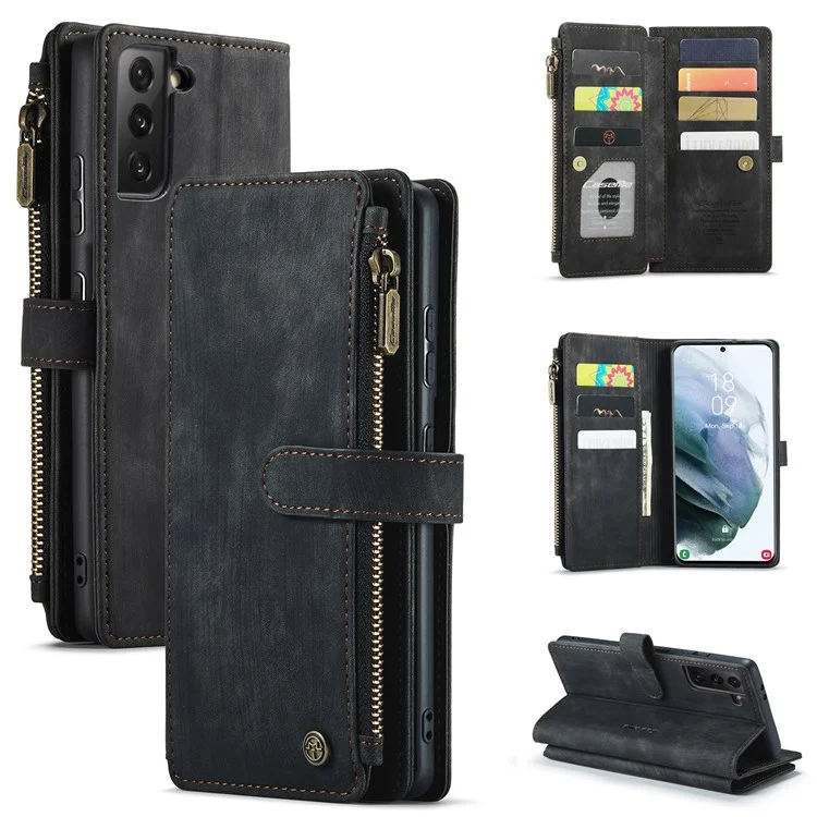 CASEME C30 Series for Samsung Galaxy S21+ 5G Zipper Pocket Wallet PU Leather Multiple Card Slots Stand Shockproof Phone Cover - Black