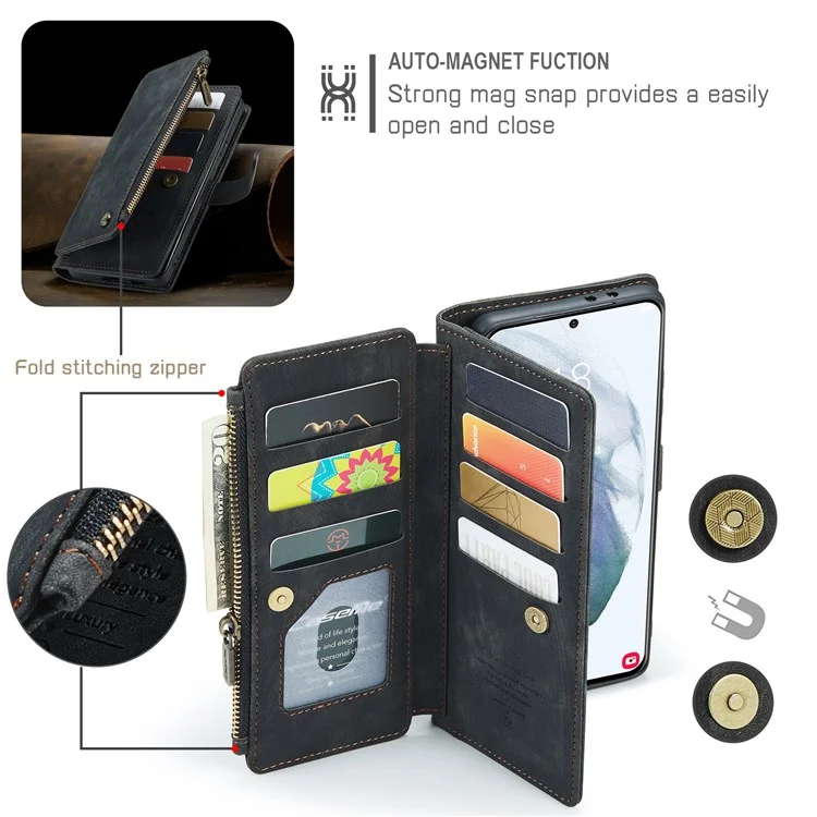 CASEME C30 Series for Samsung Galaxy S21+ 5G Zipper Pocket Wallet PU Leather Multiple Card Slots Stand Shockproof Phone Cover - Black