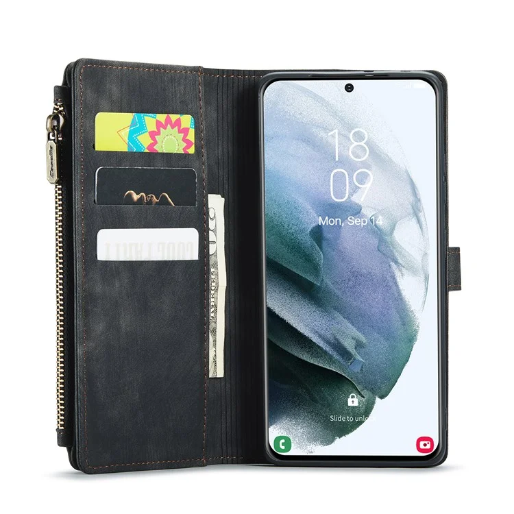 CASEME C30 Series for Samsung Galaxy S21+ 5G Zipper Pocket Wallet PU Leather Multiple Card Slots Stand Shockproof Phone Cover - Black