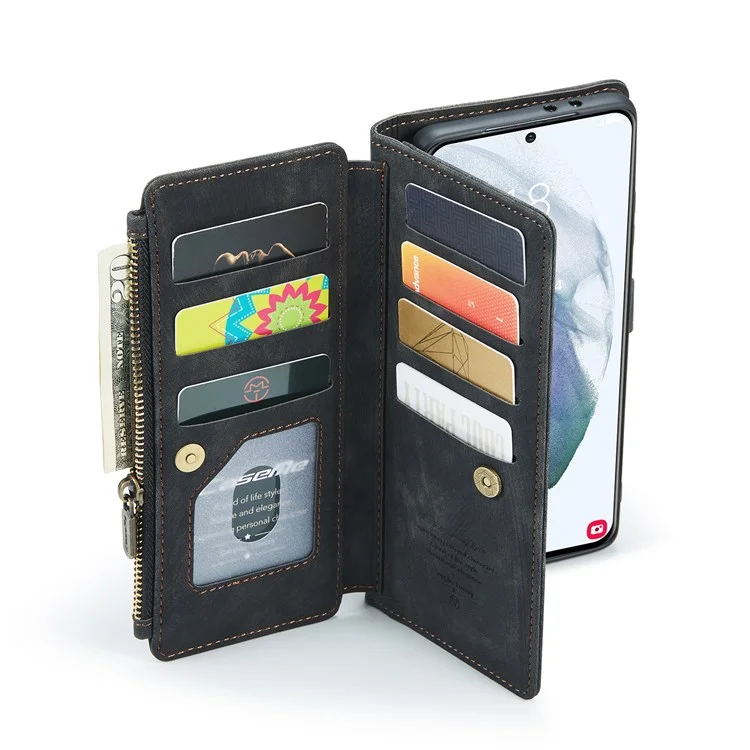 Caseme C30 -serie Für Samsung Galaxy S21+ 5G Reißverschluss Pocket Wallet PU Leder Mehrere Kartensteckplätze Ständer Schockdelie Telefonabdeckung - Schwarz