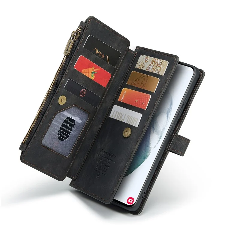 Caseme C30 -serie Für Samsung Galaxy S21+ 5G Reißverschluss Pocket Wallet PU Leder Mehrere Kartensteckplätze Ständer Schockdelie Telefonabdeckung - Schwarz