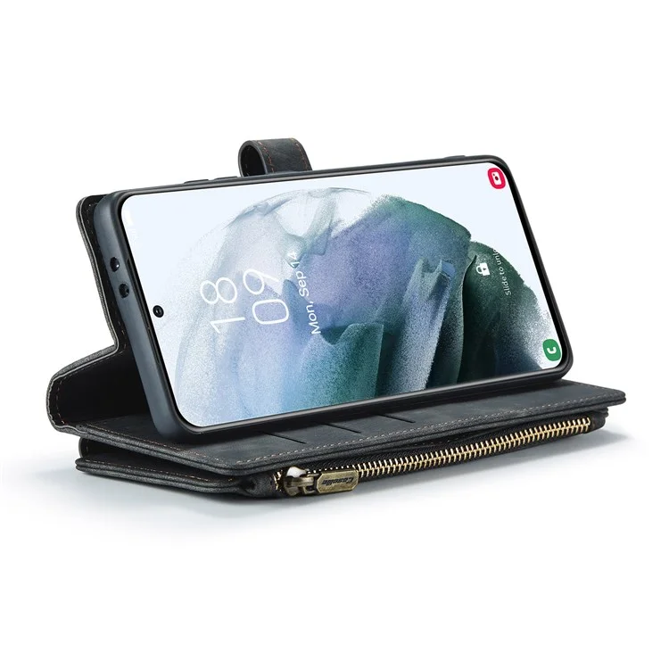 Caseme C30 -serie Für Samsung Galaxy S21+ 5G Reißverschluss Pocket Wallet PU Leder Mehrere Kartensteckplätze Ständer Schockdelie Telefonabdeckung - Schwarz