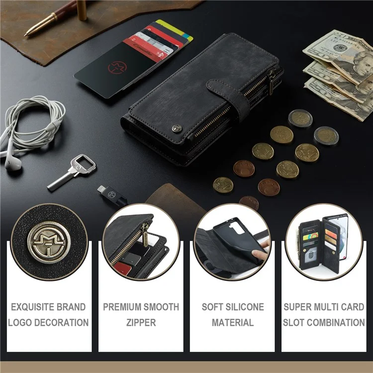 Caseme C30 -serie Für Samsung Galaxy S21+ 5G Reißverschluss Pocket Wallet PU Leder Mehrere Kartensteckplätze Ständer Schockdelie Telefonabdeckung - Schwarz