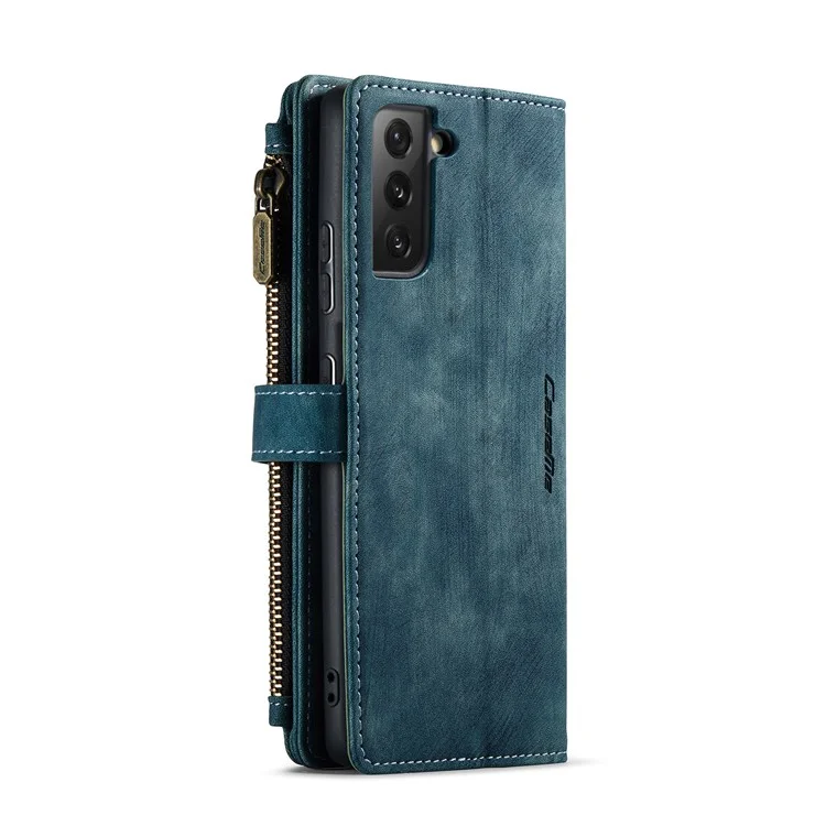 For Samsung Galaxy S21 FE 5G Phone Cases with Strap CASEME C30 Zipper Multiple Card Holder PU Leather Cover - Blue