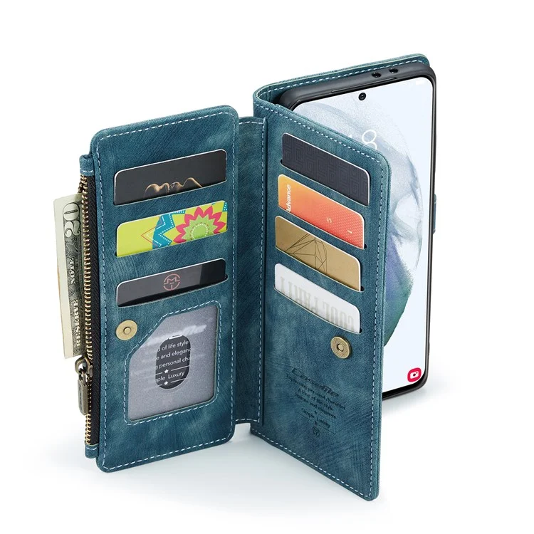 For Samsung Galaxy S21 FE 5G Phone Cases with Strap CASEME C30 Zipper Multiple Card Holder PU Leather Cover - Blue