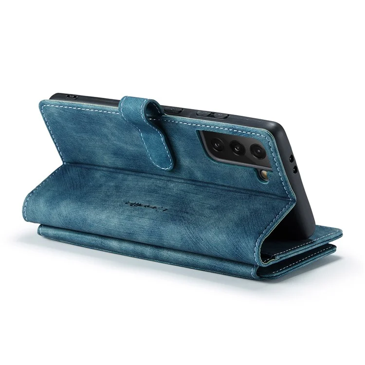 For Samsung Galaxy S21 FE 5G Phone Cases with Strap CASEME C30 Zipper Multiple Card Holder PU Leather Cover - Blue