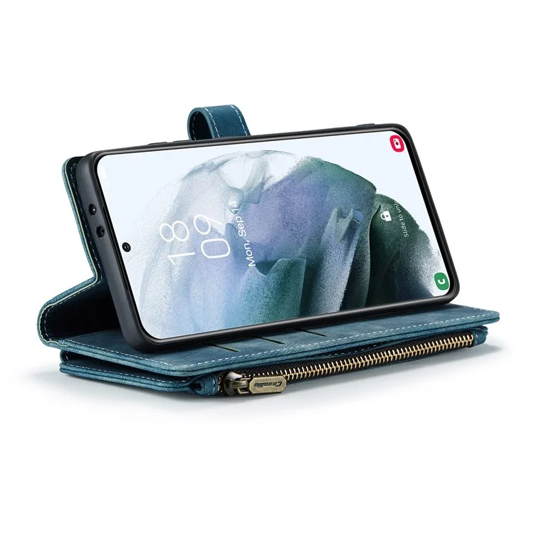 For Samsung Galaxy S21 FE 5G Phone Cases with Strap CASEME C30 Zipper Multiple Card Holder PU Leather Cover - Blue