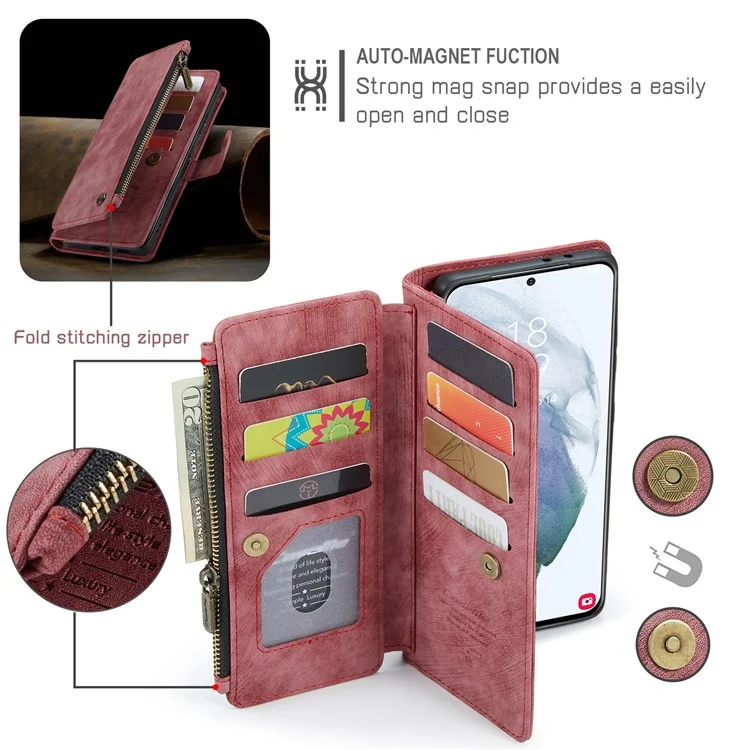 Serie Caseme C30 Para Samsung Galaxy S22+ 5G Múltiples Ranuras Para Tarjetas Policita PU PU Case de Cuero de Cuero - Rojo