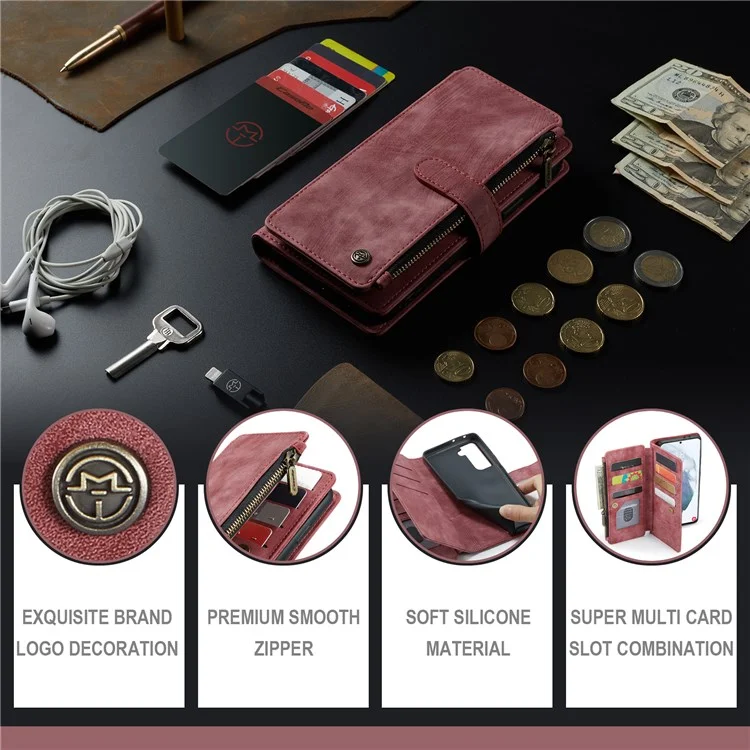 Serie Caseme C30 Para Samsung Galaxy S22+ 5G Múltiples Ranuras Para Tarjetas Policita PU PU Case de Cuero de Cuero - Rojo
