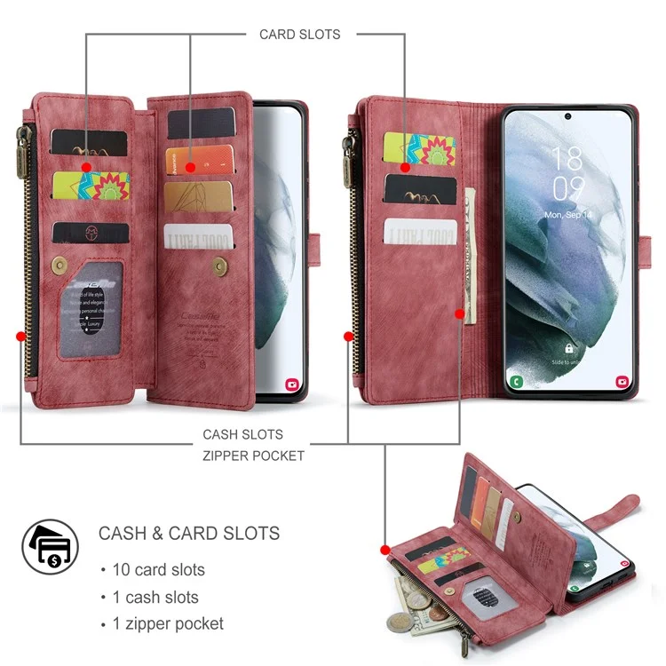 Serie Caseme C30 Para Samsung Galaxy S22+ 5G Múltiples Ranuras Para Tarjetas Policita PU PU Case de Cuero de Cuero - Rojo