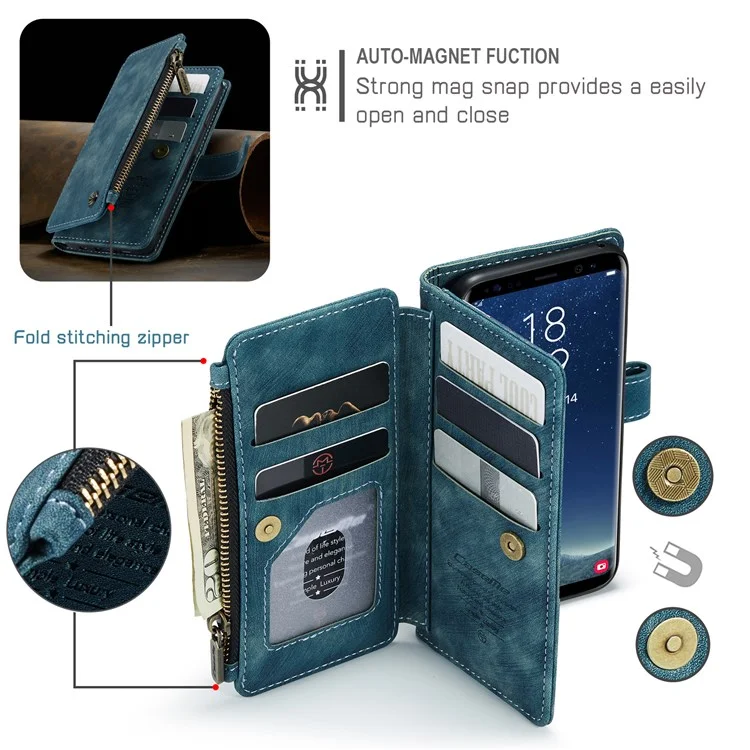 For Samsung Galaxy S8 Phone Cases with Strap CASEME C30 Zipper Multiple Card Holder PU Leather Cover - Blue