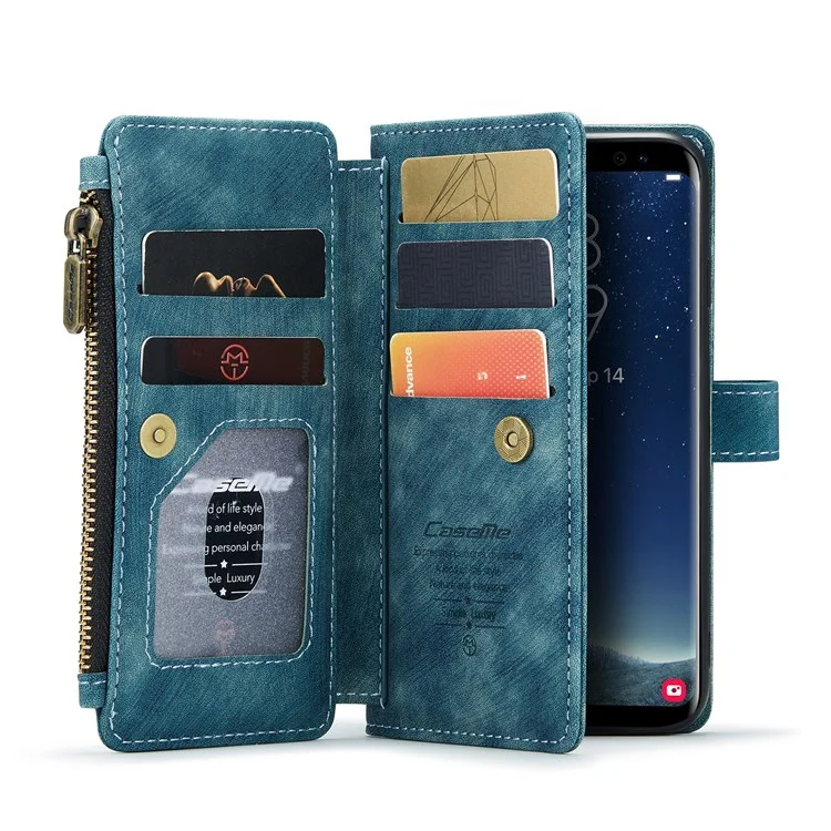 For Samsung Galaxy S8 Phone Cases with Strap CASEME C30 Zipper Multiple Card Holder PU Leather Cover - Blue