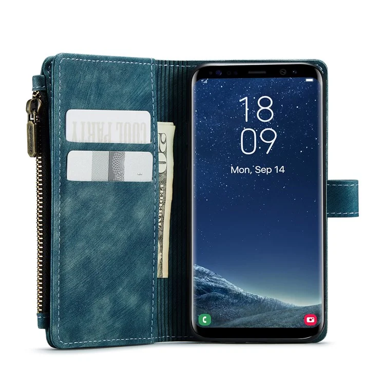 For Samsung Galaxy S8 Phone Cases with Strap CASEME C30 Zipper Multiple Card Holder PU Leather Cover - Blue