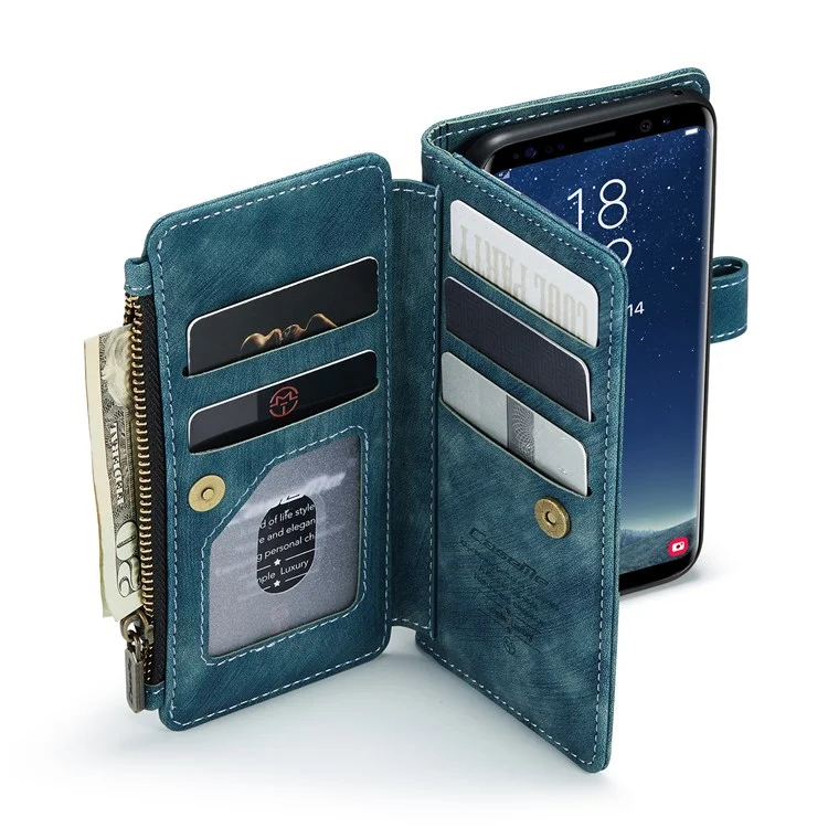 For Samsung Galaxy S8 Phone Cases with Strap CASEME C30 Zipper Multiple Card Holder PU Leather Cover - Blue