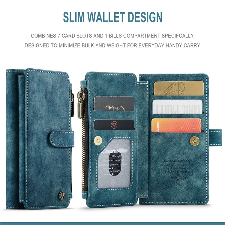 For Samsung Galaxy S8 Phone Cases with Strap CASEME C30 Zipper Multiple Card Holder PU Leather Cover - Blue