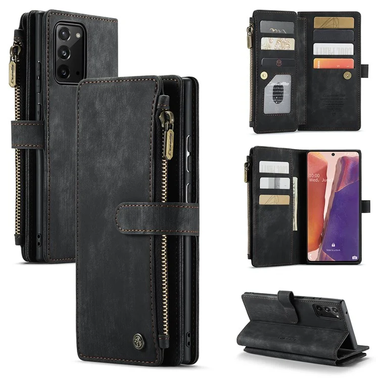 Caseme C30 -Serie Für Samsung Galaxy Note20/Note20 5G Support Ständer Design Kratzfestes PU Leder -Telefon Hülle Reißverschluss Pocket Wallet Telefonabdeckung - Schwarz