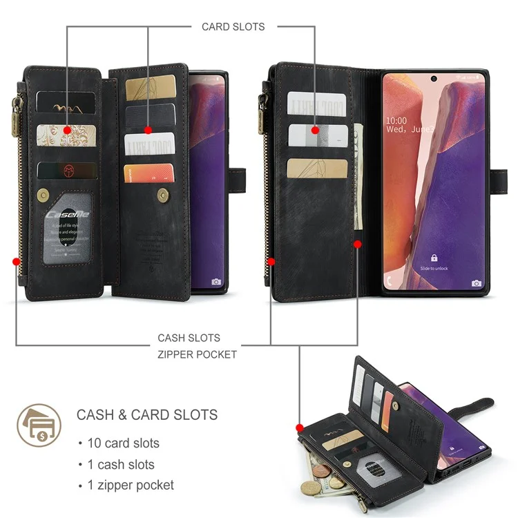 Caseme C30 -Serie Für Samsung Galaxy Note20/Note20 5G Support Ständer Design Kratzfestes PU Leder -Telefon Hülle Reißverschluss Pocket Wallet Telefonabdeckung - Schwarz