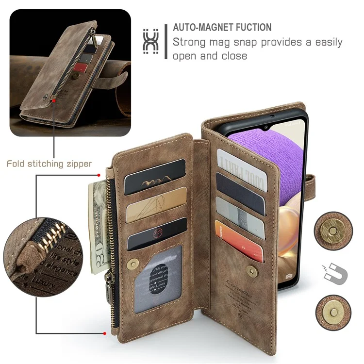 CASEME C30 Series for Samsung Galaxy A32 5G/M32 5G Full Protection Supporting Stand Design PU Leather Phone Case Zipper Pocket Wallet Phone Cover - Brown