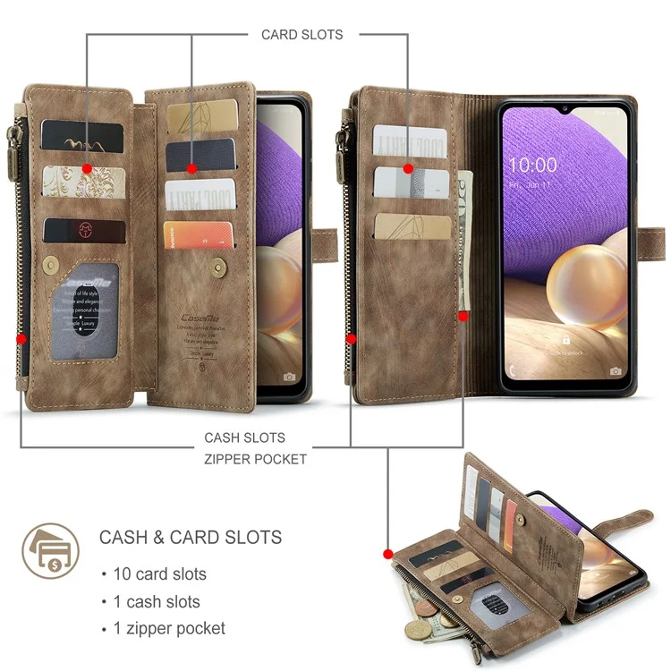 CASEME C30 Series for Samsung Galaxy A32 5G/M32 5G Full Protection Supporting Stand Design PU Leather Phone Case Zipper Pocket Wallet Phone Cover - Brown