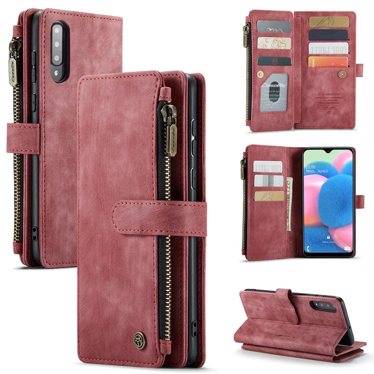 For Samsung Galaxy A30s / A50 / A50s Phone Cases with Strap CASEME C30 Zipper Multiple Card Holder PU Leather Cover - Red