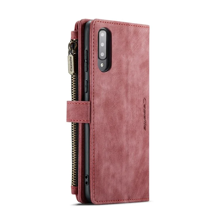 For Samsung Galaxy A30s / A50 / A50s Phone Cases with Strap CASEME C30 Zipper Multiple Card Holder PU Leather Cover - Red