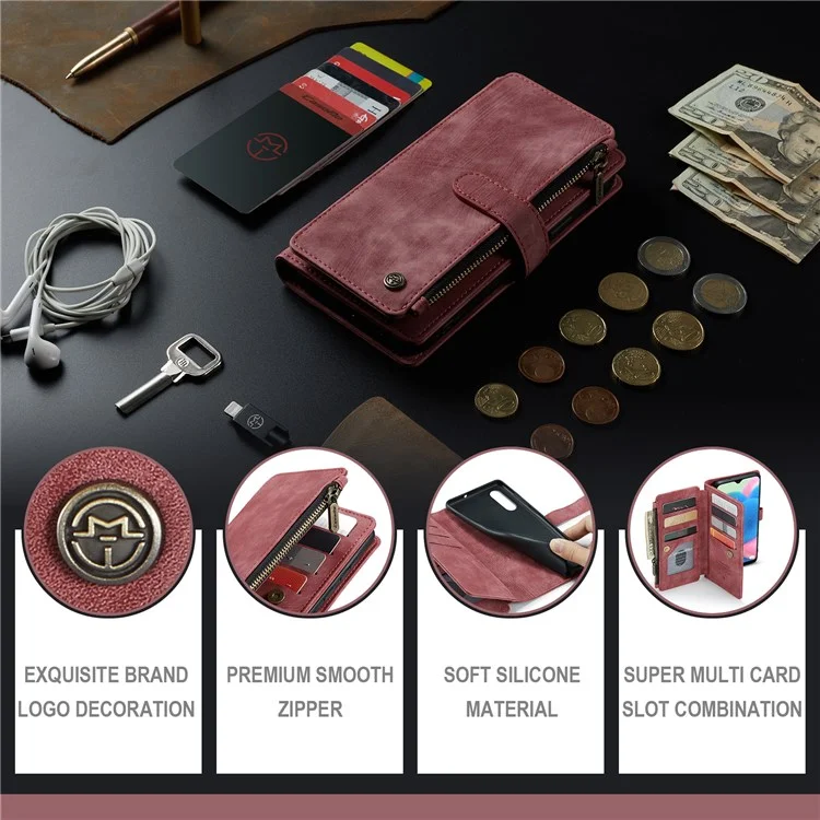 For Samsung Galaxy A30s / A50 / A50s Phone Cases with Strap CASEME C30 Zipper Multiple Card Holder PU Leather Cover - Red