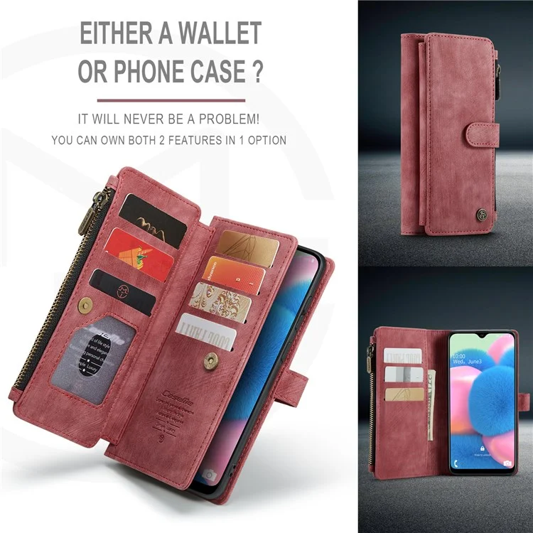 For Samsung Galaxy A30s / A50 / A50s Phone Cases with Strap CASEME C30 Zipper Multiple Card Holder PU Leather Cover - Red