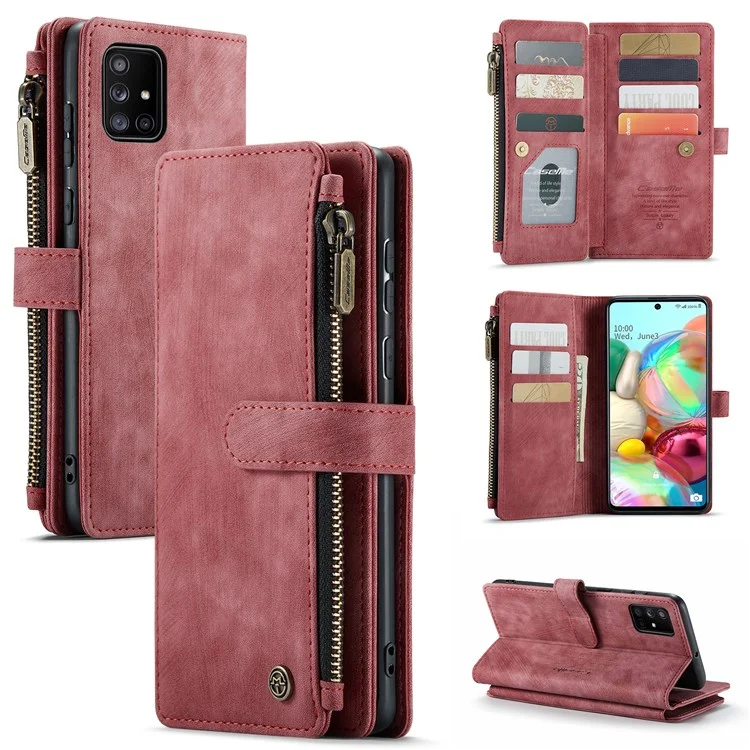 For Samsung Galaxy A71 4G SM-A715 Phone Cases with Strap CASEME C30 Zipper Multiple Card Holder PU Leather Cover - Red