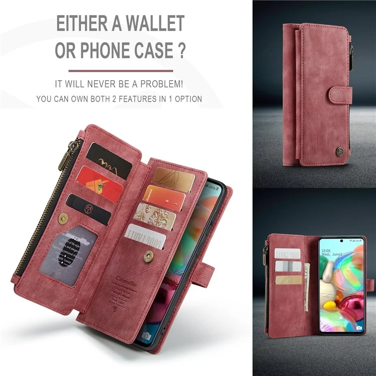 For Samsung Galaxy A71 4G SM-A715 Phone Cases with Strap CASEME C30 Zipper Multiple Card Holder PU Leather Cover - Red