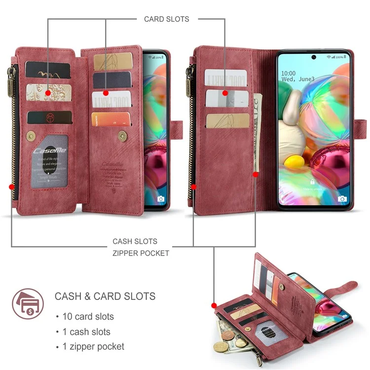 For Samsung Galaxy A71 4G SM-A715 Phone Cases with Strap CASEME C30 Zipper Multiple Card Holder PU Leather Cover - Red