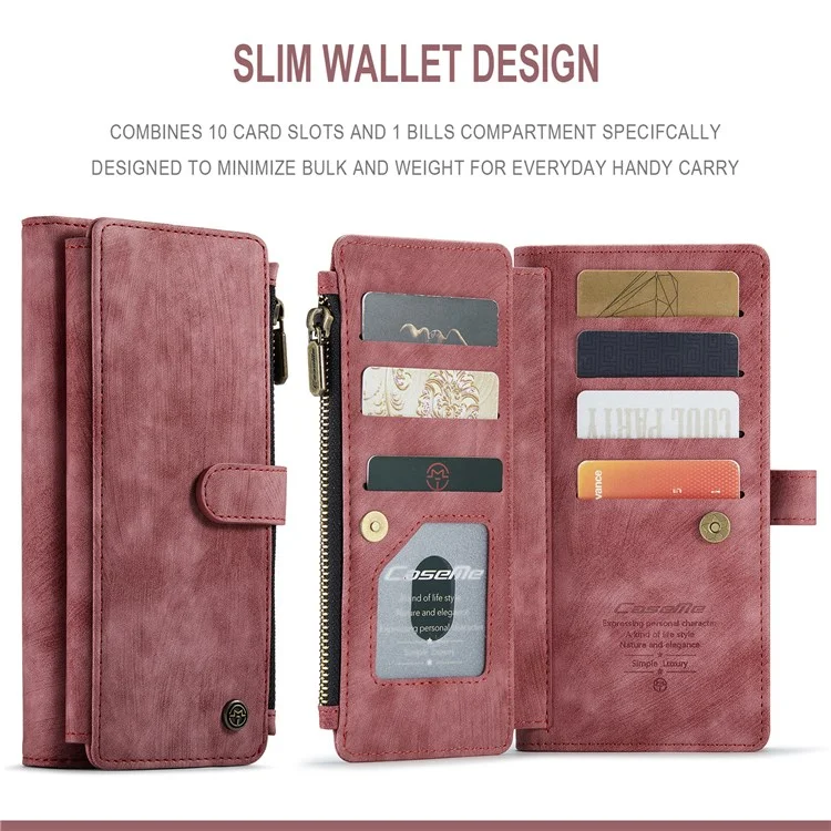 For Samsung Galaxy A71 4G SM-A715 Phone Cases with Strap CASEME C30 Zipper Multiple Card Holder PU Leather Cover - Red