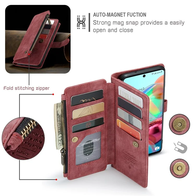 For Samsung Galaxy A71 4G SM-A715 Phone Cases with Strap CASEME C30 Zipper Multiple Card Holder PU Leather Cover - Red