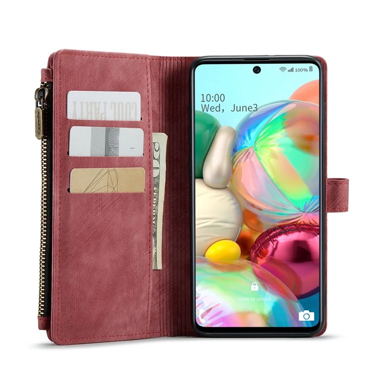 For Samsung Galaxy A71 4G SM-A715 Phone Cases with Strap CASEME C30 Zipper Multiple Card Holder PU Leather Cover - Red
