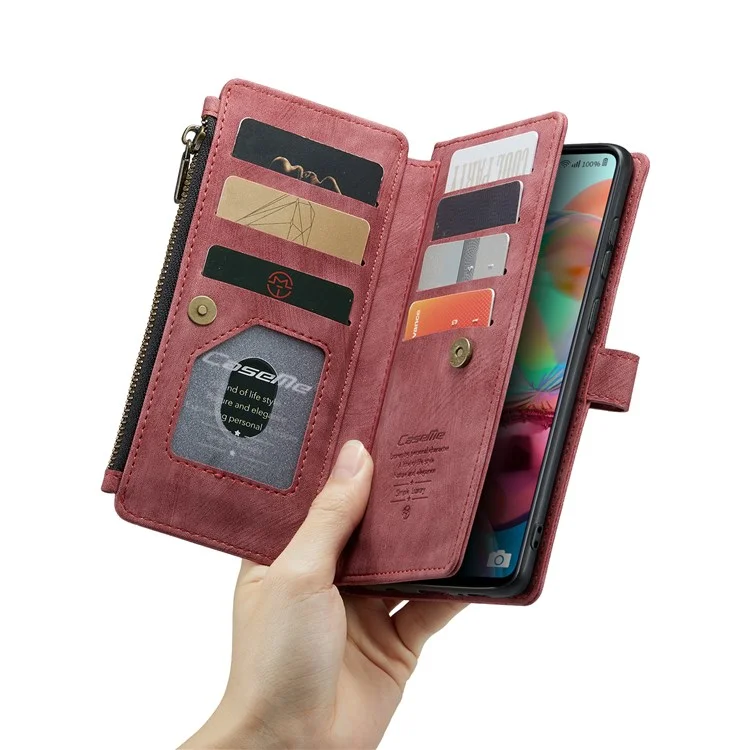 For Samsung Galaxy A71 4G SM-A715 Phone Cases with Strap CASEME C30 Zipper Multiple Card Holder PU Leather Cover - Red