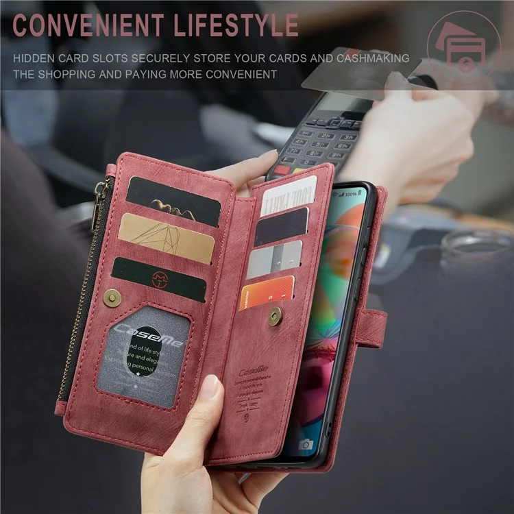 For Samsung Galaxy A71 4G SM-A715 Phone Cases with Strap CASEME C30 Zipper Multiple Card Holder PU Leather Cover - Red