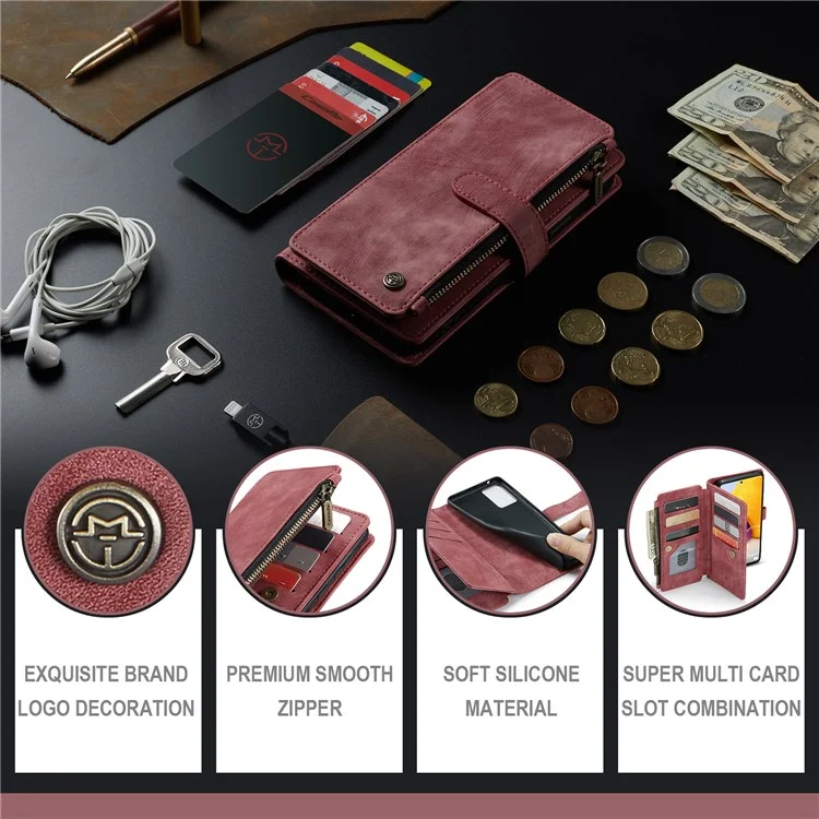 CASEME pour Samsung Galaxy A13 4G C30 Série Étui portefeuille à fermeture éclair, Conception en support anti-chute en cuir PU Étui de téléphone - Rouge