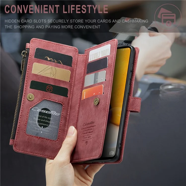 CASEME pour Samsung Galaxy A13 4G C30 Série Étui portefeuille à fermeture éclair, Conception en support anti-chute en cuir PU Étui de téléphone - Rouge