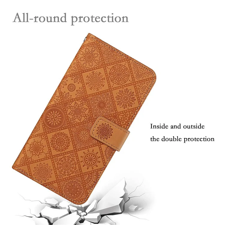 Capa de couro PU com estampa de flores para Samsung Galaxy A13 4G, estilo étnico Carteira de couro com suporte para telefone, com fechamento magnético e alça - Marrom