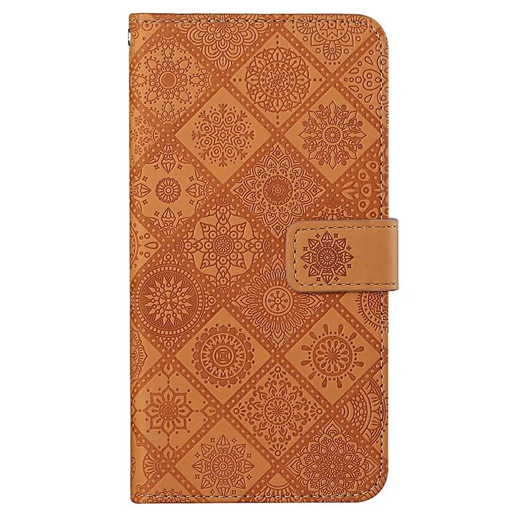 Capa de couro PU com estampa de flores para Samsung Galaxy A13 4G, estilo étnico Carteira de couro com suporte para telefone, com fechamento magnético e alça - Marrom
