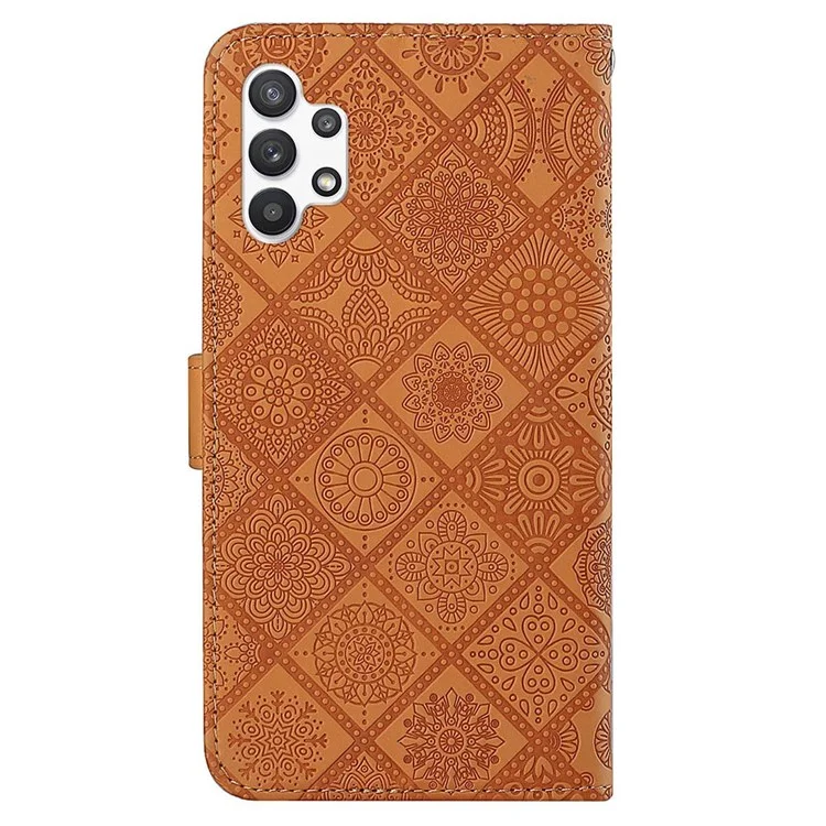 Capa de couro PU com estampa de flores para Samsung Galaxy A13 4G, estilo étnico Carteira de couro com suporte para telefone, com fechamento magnético e alça - Marrom
