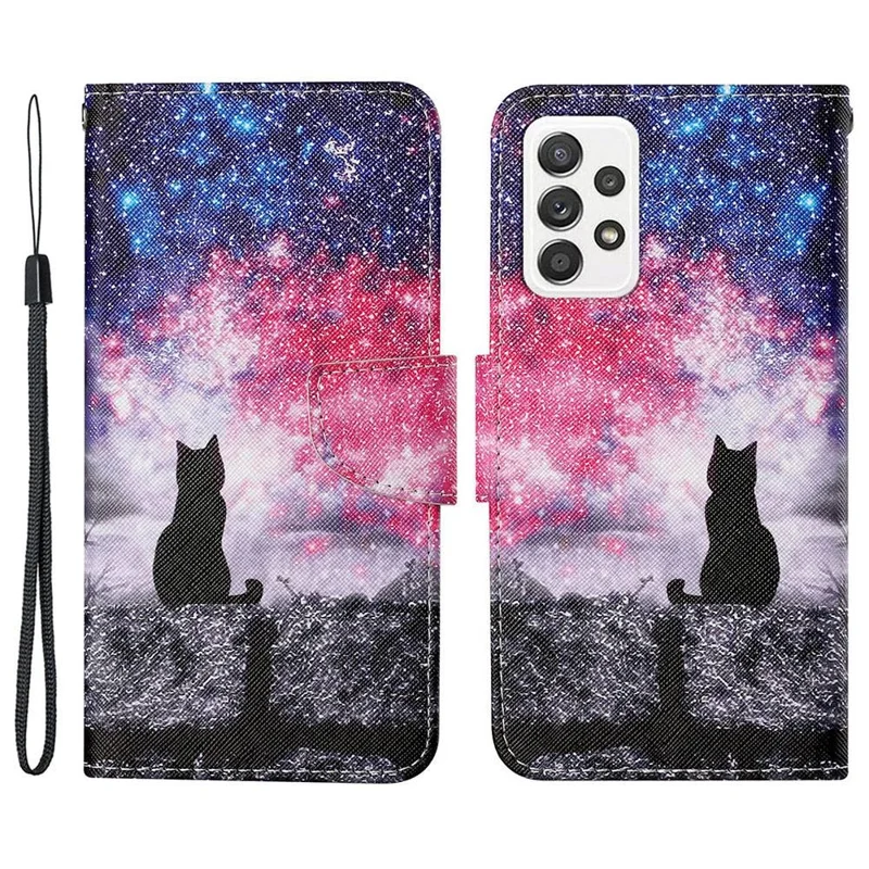 Pattern-Printing Cross Texture PU Leather Case for Samsung Galaxy A73 5G, Folio Flip Leather Wallet Stand Phone Shell with Strap - Cat/Starry Sky
